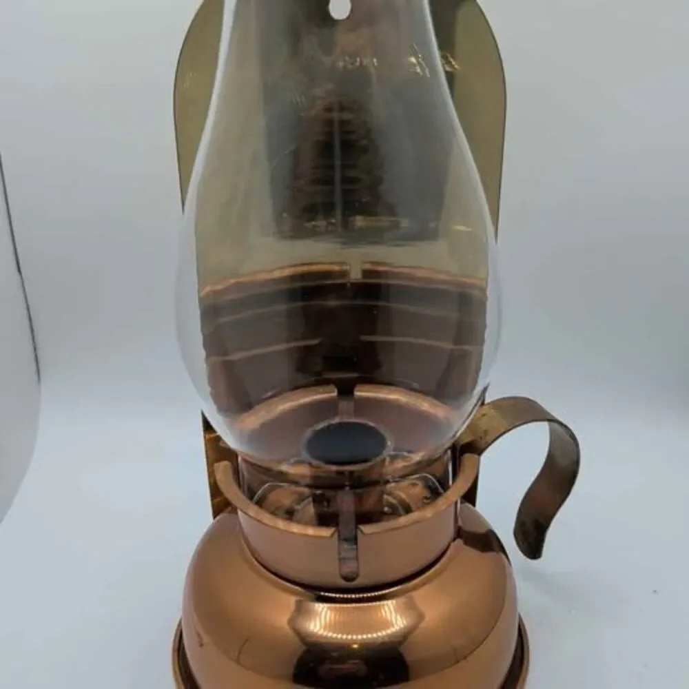 Vintage Coppercraft Guild Copper Hurricane Lamp Candle Holder Wall Sconce Glass